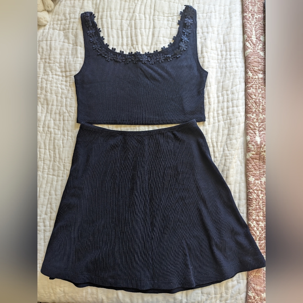Reformation Navy Knit Crop Top and Mini Skirt set - M